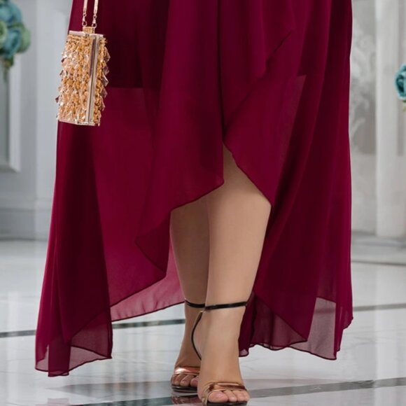 Plus Gold Floral Butterfly Sleeve Tulip Hem Chiffon Dress - Picture 2 of 2